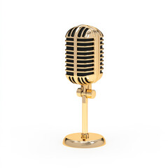Fototapeta premium Vintage microphone on a white background. A classic gold microphone stands still, showcasing vintage design with detailing on a smooth white background.