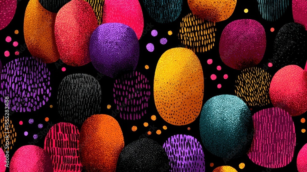Poster colourful dots with varied texture and vibrant colours, abstract seamless pattern on a black backgro