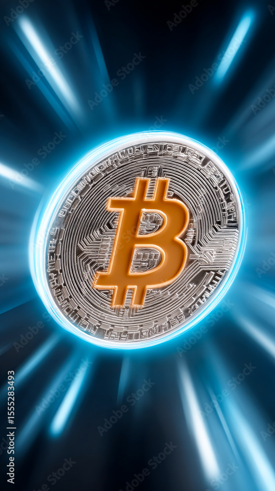 Poster glowing bitcoin in motion. a bitcoin symbol is illuminated in a dynamic setting, suggesting movement