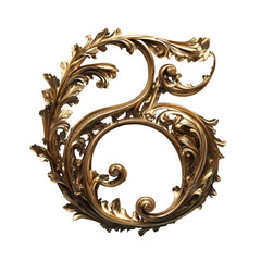Ornate Golden Number Six with Baroque Floral Detailing on Transparent Background