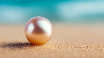 Beautiful pearl resting on sandy beach. A soft pink pearl lies gently on fine sand near a tranquil ocean, capturing the serene beauty of natures treasures.