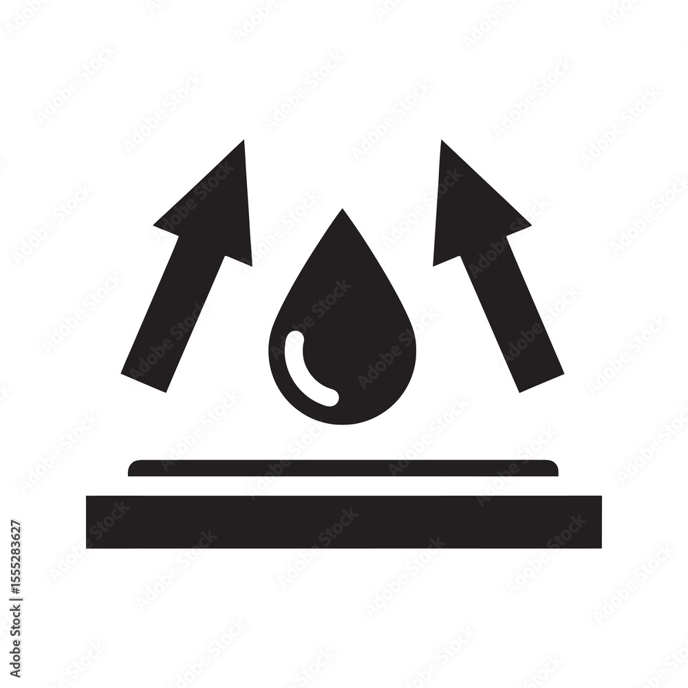 Poster moisture evaporation icon with a water drop and upward arrows representing a quick drying surface an