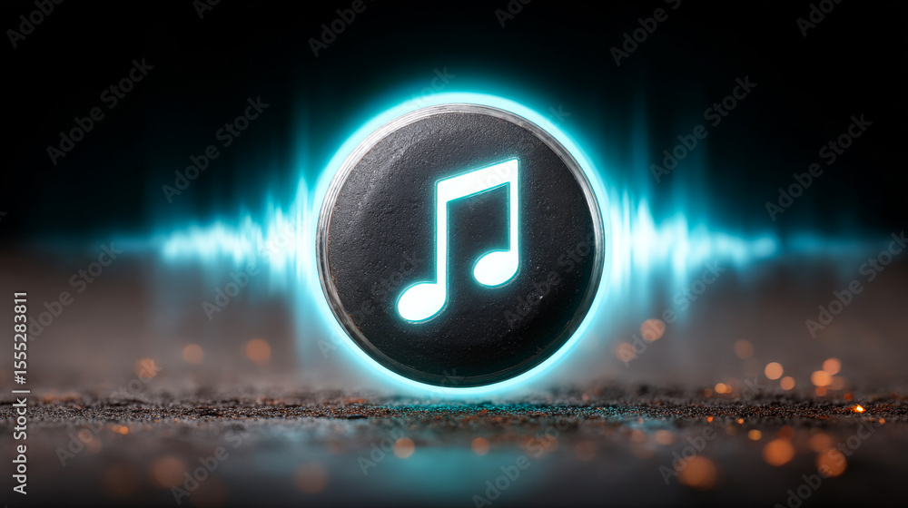 Poster glowing music note with waves. a glowing music note symbol surrounded by vibrant sound waves in a da