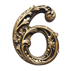 Ornate Golden Number Six with Detailed Floral Design and Transparent Background