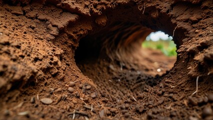Underground Tunnel in Soft Brown Dirt Cavities, Macro Soil Earth Texture


