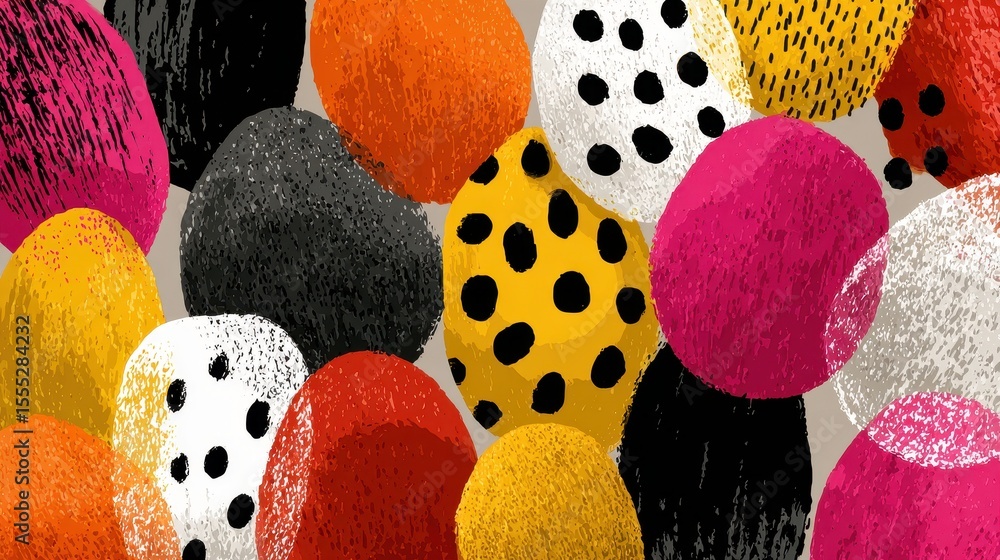 Poster colourful dots with varied texture and vibrant colours, abstract seamless pattern on a black backgro