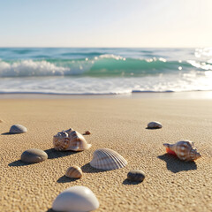 Seashells and pebbles are scattered across a golden sandy beach, with gentle turquoise waves rolling in under a bright sky
