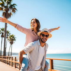 A happy young adult couple enjoys a piggyback ride on a sunny boardwalk, with palm trees and the ocean in the background