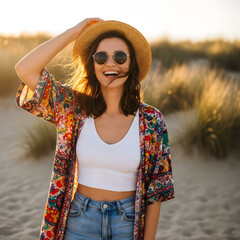 A young adult woman, appearing very happy, laughs and holds her straw hat, posing on a sandy beach with tall grass at sunset