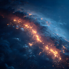 Fototapeta premium Earth planet forest fire night space dramatic half burning environmental climate crisis glowing