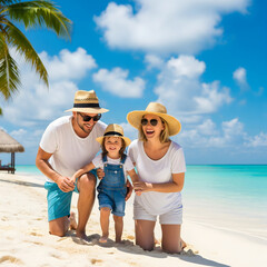 A smiling family of three, including a young child, kneels on a white sand beach with turquoise water and palm trees under a bright blue sky