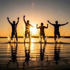 Four young adult figures, three male and one female, joyfully leap from the water creating splashes against a vibrant sunset sky