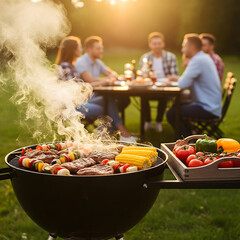 A backyard barbecue features sizzling skewers and corn on the cob, with a group of diverse young adults enjoying an outdoor meal in the sunny background