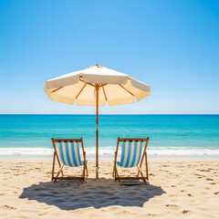 Two striped beach chairs sit under a white umbrella on a sandy beach, facing the clear blue ocean and sky, inviting relaxation
