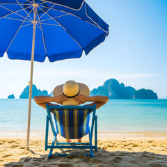 A female adult, appearing relaxed, sits on a striped beach chair under a blue umbrella, gazing at the calm ocean and distant islands