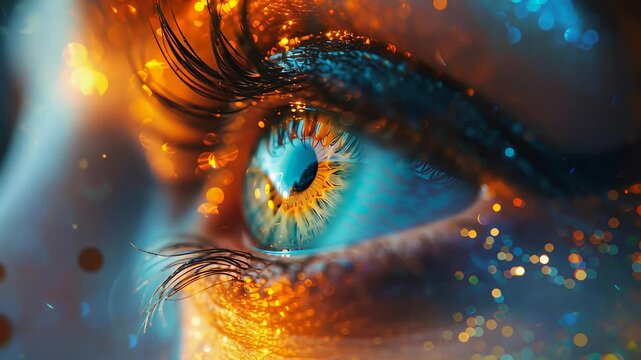 A woman's eye is shown with a blue iris and orange lashes. The eye is surrounded by a blurry background, giving it a dreamy, ethereal quality. The eye is the main focus of the image