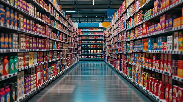 A large supermarket aisle with many different products on the shelves. The aisle is very long and has a lot of space between the shelves
