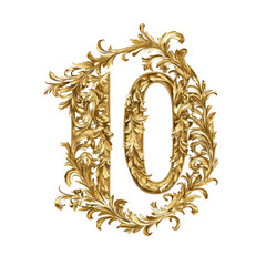 Ornate Golden Numeral Ten with Floral and Foliate Embellishments on Transparent Background