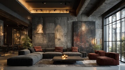 Modern living room interior with gray walls, large window, sectional sofa, candles on a coffee table, and artwork in a dark space