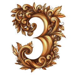 Ornate Golden Number Three Decorative Design Against Transparent Background