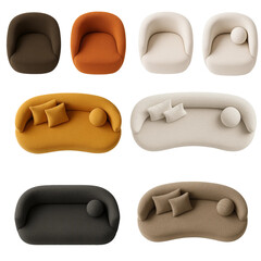 Top-down Modern Sculptural Sofa and Armchair Set with Rounded Silhouettes, Dark Charcoal Bouclé Upholstery – Minimalist Monolithic Design on White Background for Interior Visualization