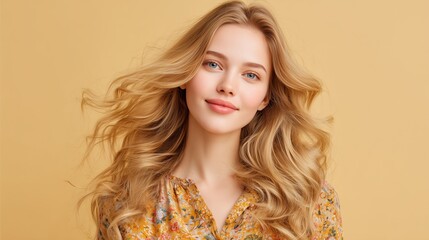 Woman with flowing blonde hair against yellow background