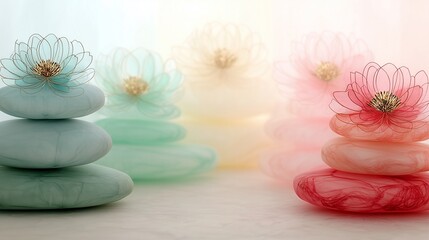 Stacked pastel stones with wireframe flowers in gradient hues