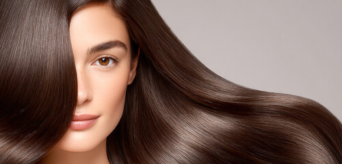 Obraz premium Beautiful long hair flowing freely. A young woman showcases her silky, long hair with a radiant expression, highlighting hair's smooth and shiny texture.