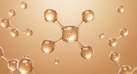 A close up of several gold colored molecules floating against a soft gold colored gradient background