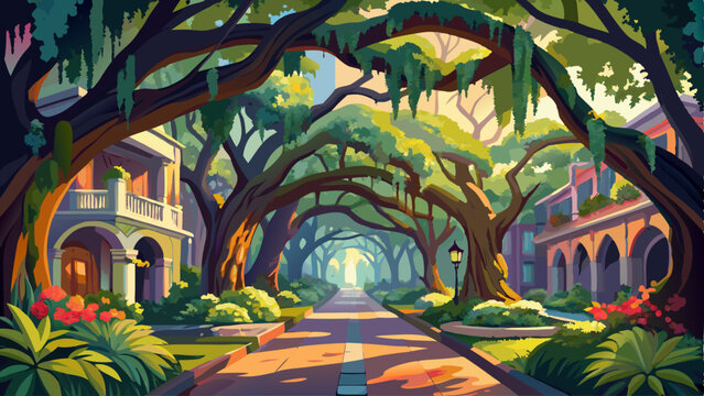 Moss-covered oak trees arch over quiet streets, casting dappled shade on centuries-old mansions. Blooming azaleas line the walkways,. Warm light filters through Spanish moss as the city glows in soft 