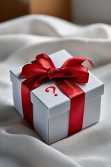 Mystery gift box with red ribbon on white fabric background