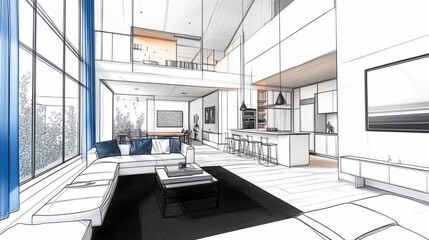 Sketch of a modern open-plan home interior with large windows and a high ceiling