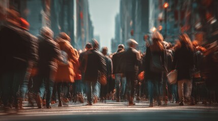 Busy urban city life showing pedestrians crossing a street in Midtown Manhattan during daytime