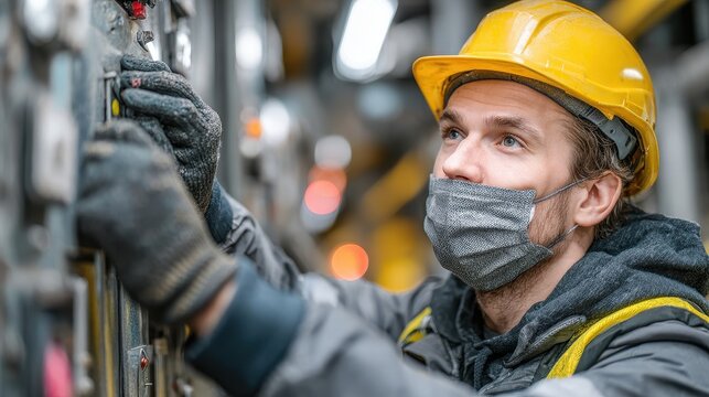 Technician in yellow hard hat works on industrial machine wearing face mask and gloves - Powered by Adobe