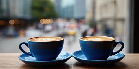 Obraz premium Two blue cups of coffee with latte art on a wooden table in a bustling urban cafe