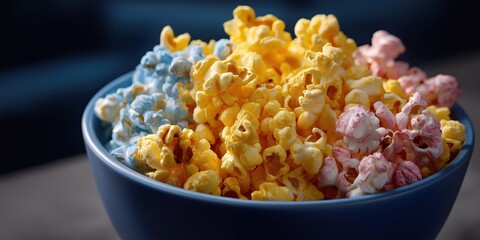 Vibrant bowl of colorful popcorn with blue, yellow, and pink flavors