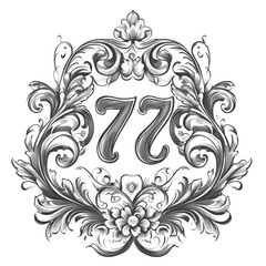 Ornate Vintage Number 77 Emblem With Floral Scrollwork Frame Against Transparent Background