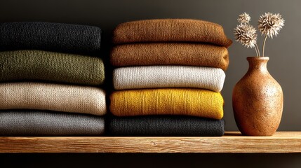 Stacks of folded sweaters on rustic wooden shelf, vase with dried grass nearby