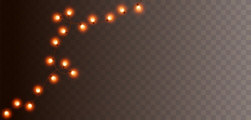 Lights bulbs isolated on transparent background. Glowing fairy Christmas garland string. Vector New Year party led lamps decoration