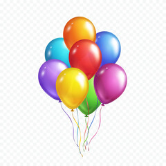 Balloons bunch isolated on transparent background. Vector colorful festive 3d helium balloons template for anniversary, birthday party design
