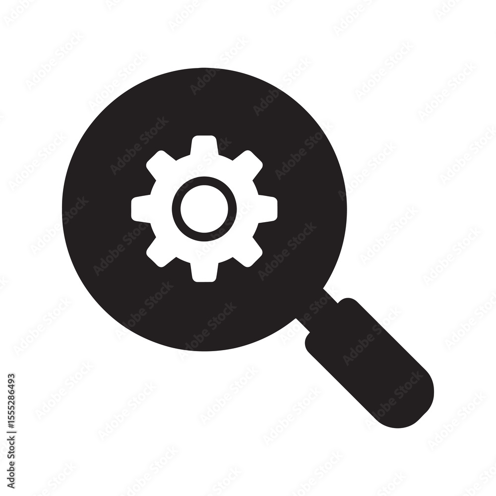 Poster technical search icon with magnifying glass over gear for finding solutions and engineering data sys