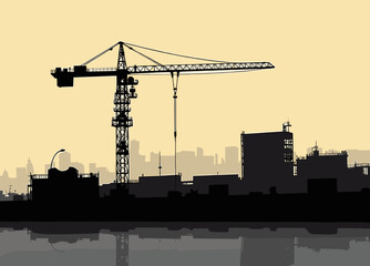Construction crane silhouette over urban skyline illustration for building and architecture design concept