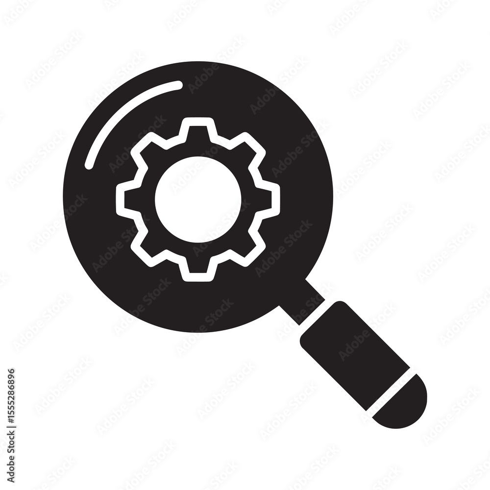 Poster process optimization icon with magnifying glass over gear for performance analysis and system improv