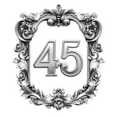 Silver Number 45 Inside An Ornate Frame On Transparent Background