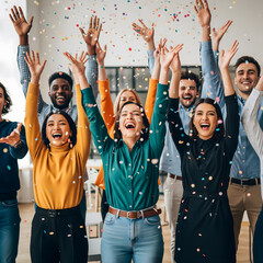 A diverse group of adults joyfully celebrates as colorful confetti falls around them, all raising their hands in excitement
