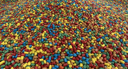 A large pile of colorful plastic pellets in red blue yellow brown and green filling the entire frame view