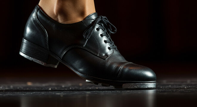 Close up of a black tap shoe with laces on a dark surface ready for a dance performance or practice