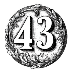 Vintage Number Forty Three Illustration in a Circular Ornamental Frame with Detailed Foliage and a Transparent Background