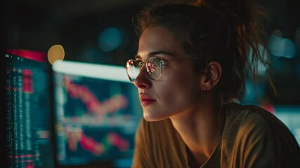 Woman studying data on monitors at night
