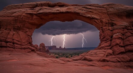 Dramatic Lightning Strikes Through Red Rock Arch in Desert Landscape